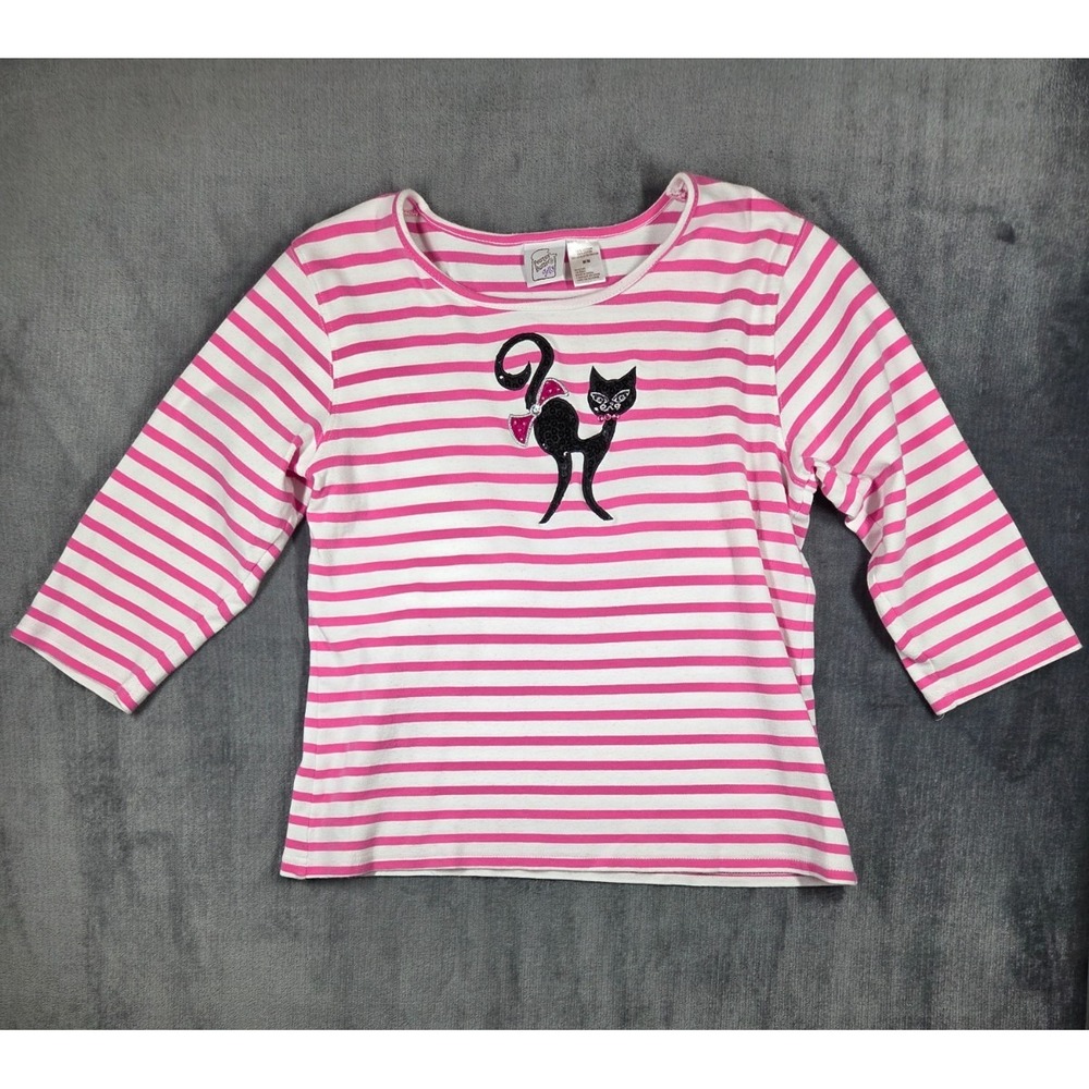Peanut Butter & Jelly Top Shirt Womens M Pink White Striped Black Sequin Cat